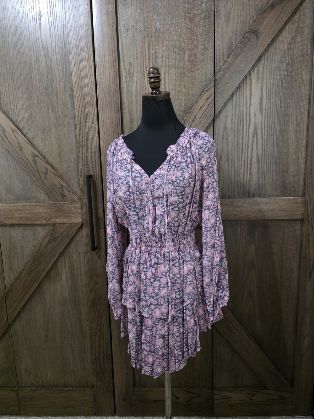 LoveShackFancy Pink Floral Tiered Long Sleeve Dress